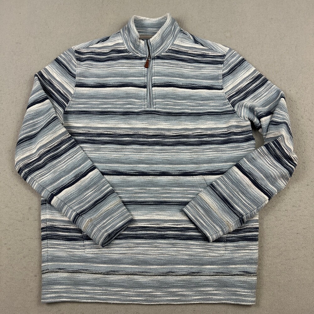 Johnnie-O Sweater Men Medium Blue Stripe 1/4 Zip Mock Neck Pullover Logo M